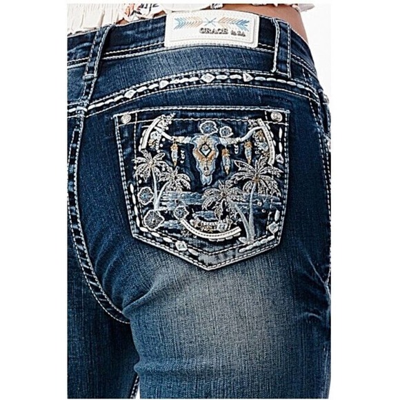 Grace in LA Denim - Grace in LA Women's Western Steer Cow Head Distressed Bootcut Stretch Jeans